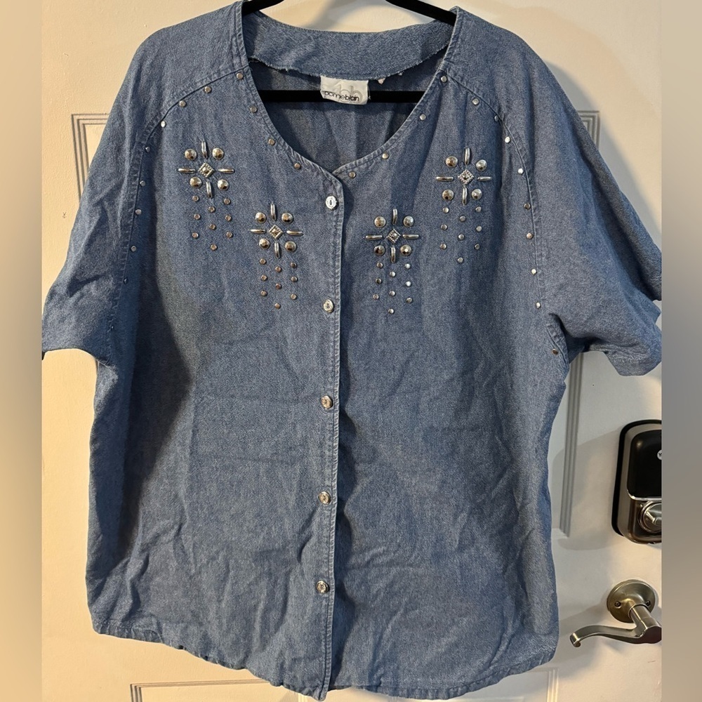 Bonnie Blain 80’s Embellished Denim Button-Up Shirt 2XL Blue Oversized Plus Size